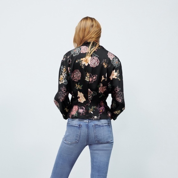 New Zara | High Collar Floral Satin Effect Blouse - Picture 5 of 16
